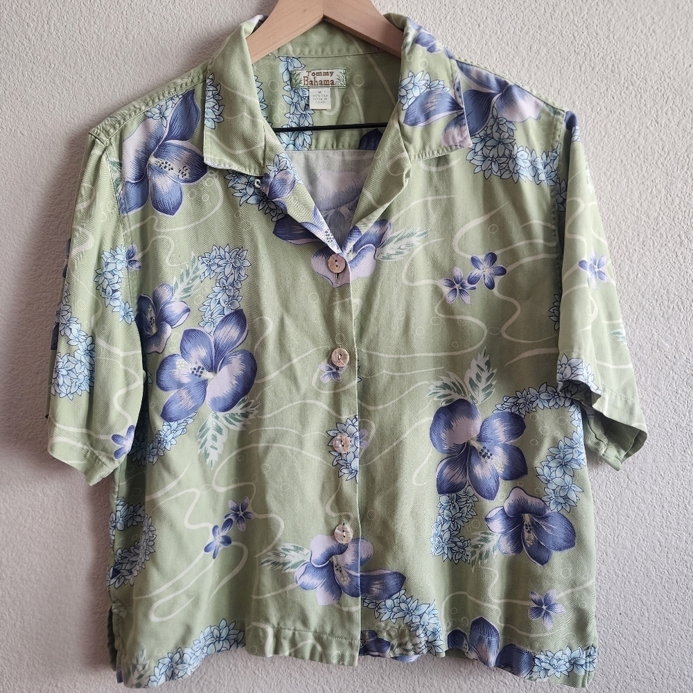 Tommy Bahama Mens Hawaiian Floral Shirt Short Sleeve Button Up Silk Green Size M